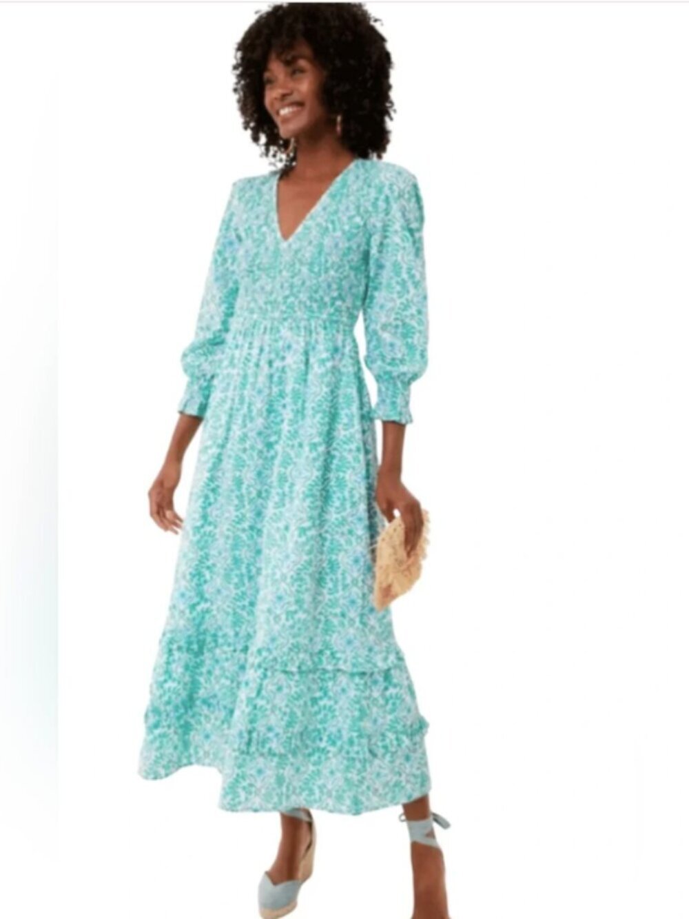 Pink City Prints Tuckernuck Isabel Smocked Midi Dress Mint Trellis Cotton XS
